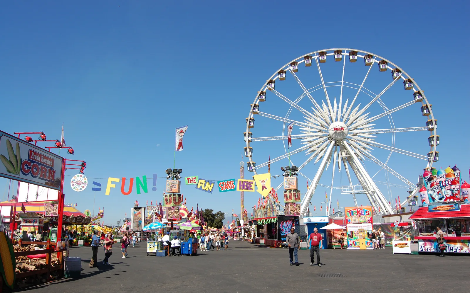 Carnival rides and crowds at the Los Angeles County Fair at Fairplex
